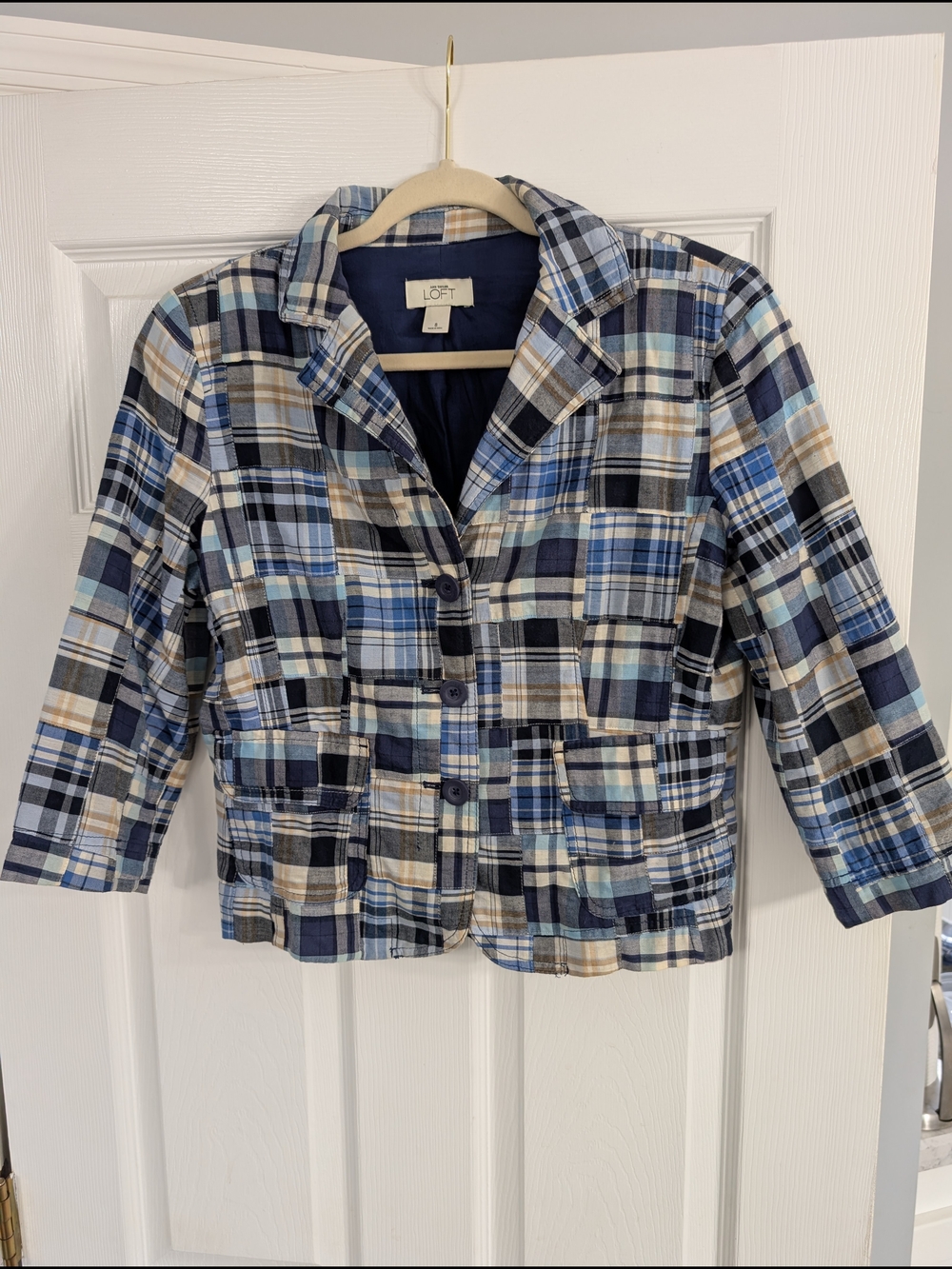 Loft Blue Madras Jacket, Size 8, 3/4 Sleeves EUC